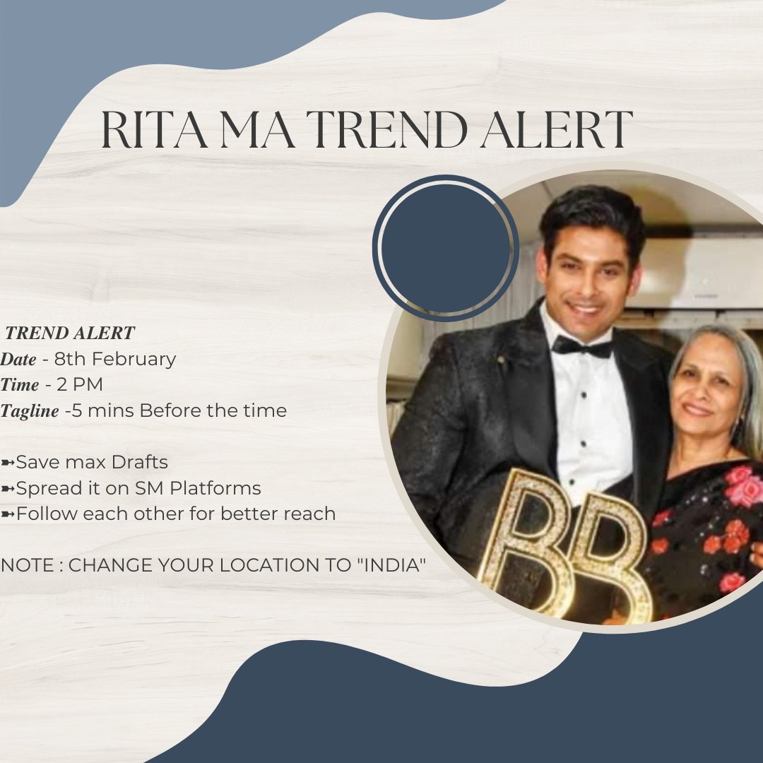 ⭕ IMPORTANT TREND ALERT ⭕

☑️Date : 8 February 2024
☑️Time : 2.00 PM onwards
☑️Tagline : will be revealed 5 Minutes Before Time 

Save Maximum drafts 
Drop Quality Drafts
Focus on Rt and Likes
Don't use Images/Hashtags

BE READY TO ROAR SID FANS

#SidharthShukla #SidHearts