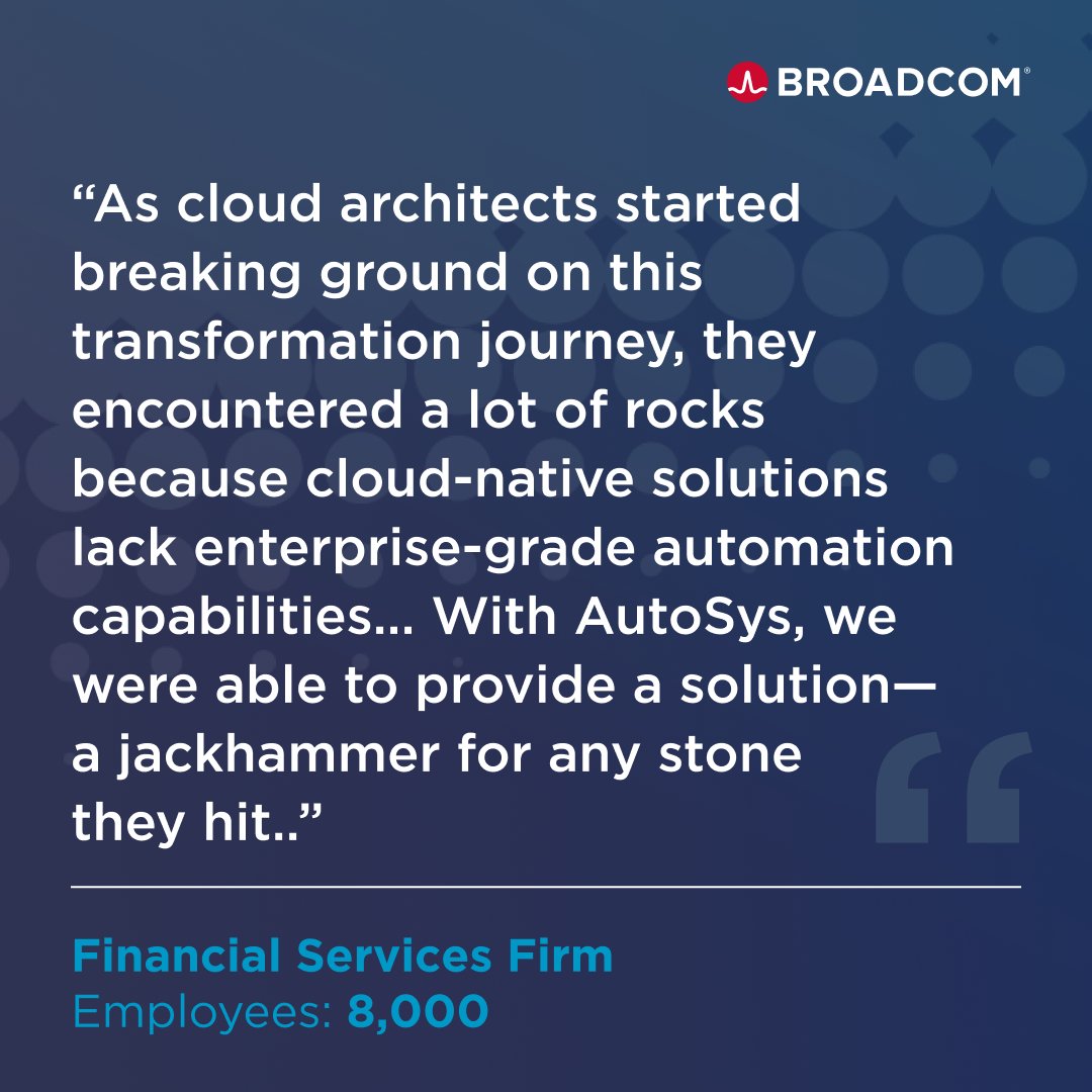 AutomateByBRCM's tweet image. The team at this #FinServ firm has been able to manage its #CloudMigration in an efficient, intelligent way while ensuring critical services are always available — and #AutoSys has been integral in this effort. Get the full story in our case study: academy.broadcom.com/automation/emp…