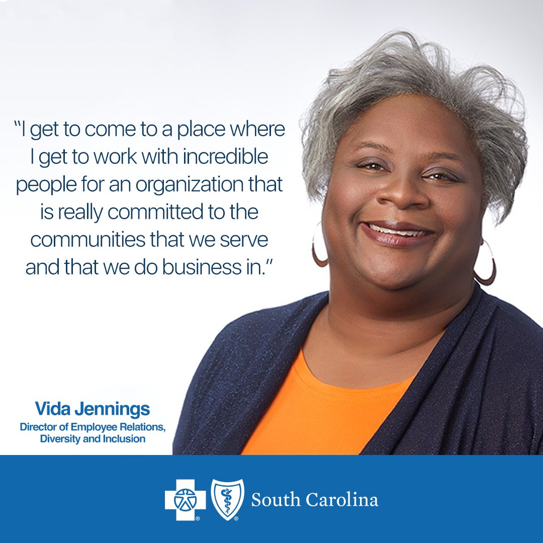 bcbssc's tweet photo. Vida Jennings loves her job. After 21 years with @bcbssc, she continues to bring her problem-solving, solution-seeking, people-connecting skills to work. Last year, she was promoted to director of employee relations, diversity and inclusion. https://t.co/2vskQSEskc. https://t.co/1wEWiSbMF2