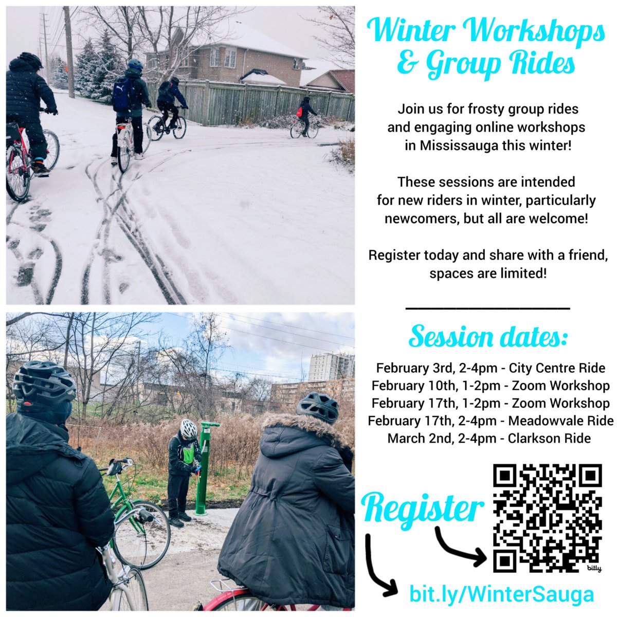 All this month, winter rides and workshops for newcomers and the public here in #BikeMississauga - please share with your networks, especially those new/curious about winter #frostbike riding! Via the Mississauga Cycles project.
❄️🚴🏽‍♀️❄️🚴🏼❄️
Register: bit.ly/WinterSauga