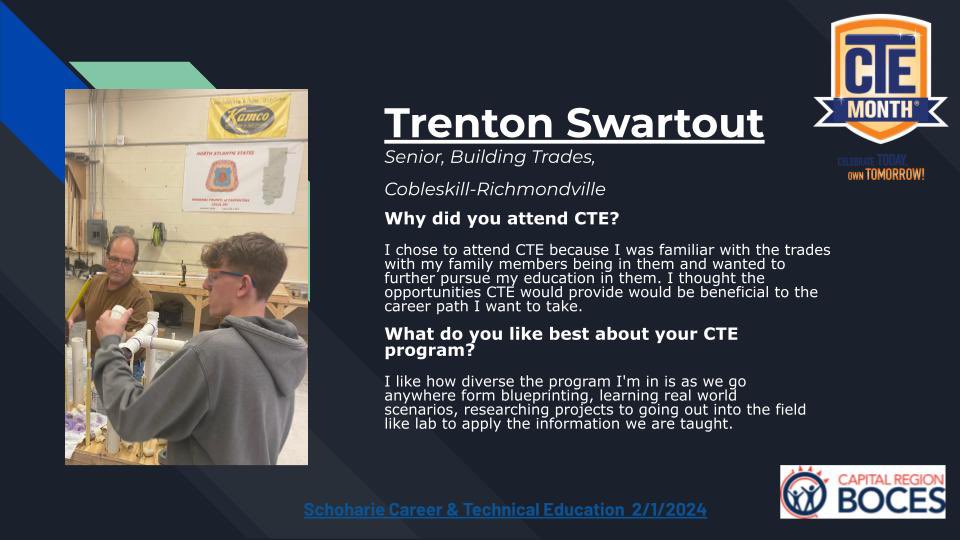 MattWardSchoCTE's tweet photo. February is Career and Technical Education Month. It is a time to raise awareness of the role that CTE has in preparing learners for college and career success. We’ll be featuring different students from our Schoharie CTE programs this month.  See what the students have to say…. https://t.co/ICpJZTxkBc