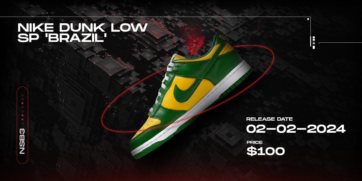 1 Repost wins NSB3🎉
One of the hottest Nike Dunk colorways returns tomorrow!
Cop the Dunk Low Brazil with NSB3🚀