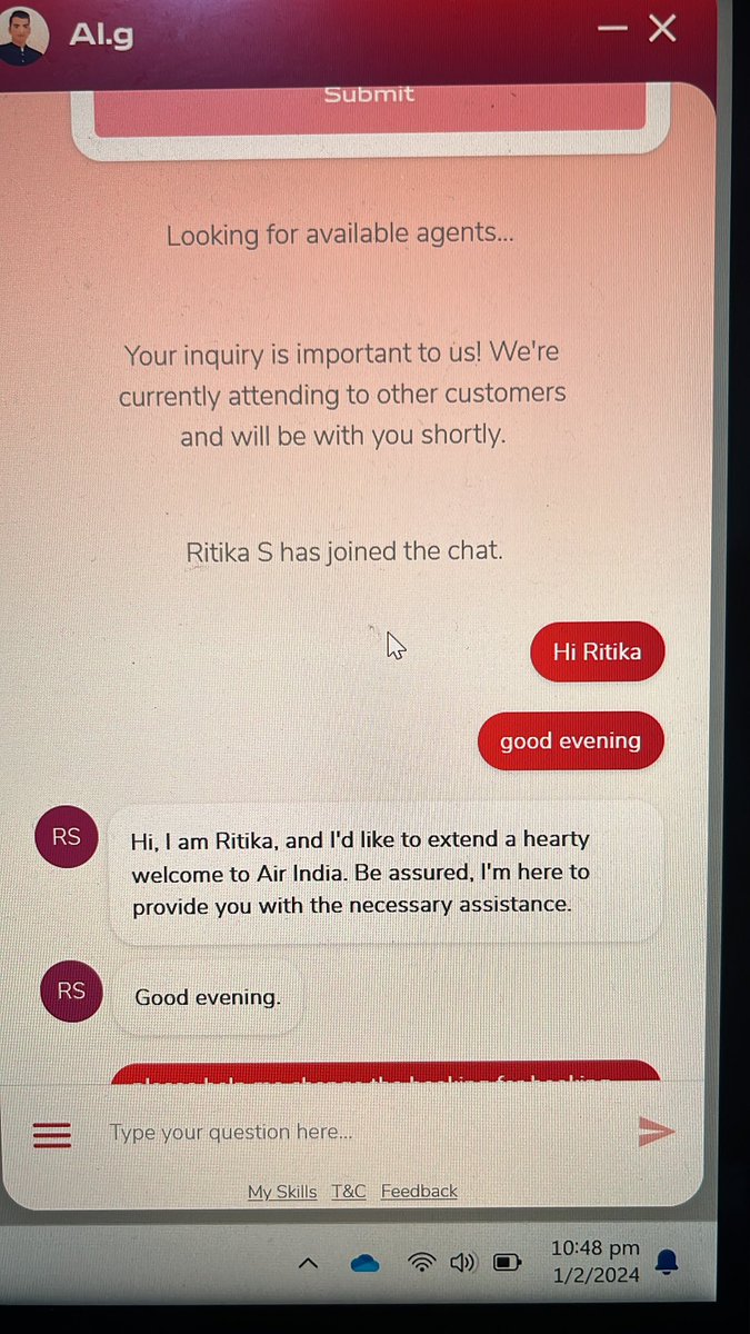 kumar_dev2's tweet photo. Birla ho ya Tata…. 
Air India mein rahega GHATA …

@airindia 

The agents are in ‘no help’ mode as it was earlier. Agents are so active that they leave chat box without even taking feedback if the customer’s issue is resolved or not. Thanks to new Air India. https://t.co/7r7zrOoIA7