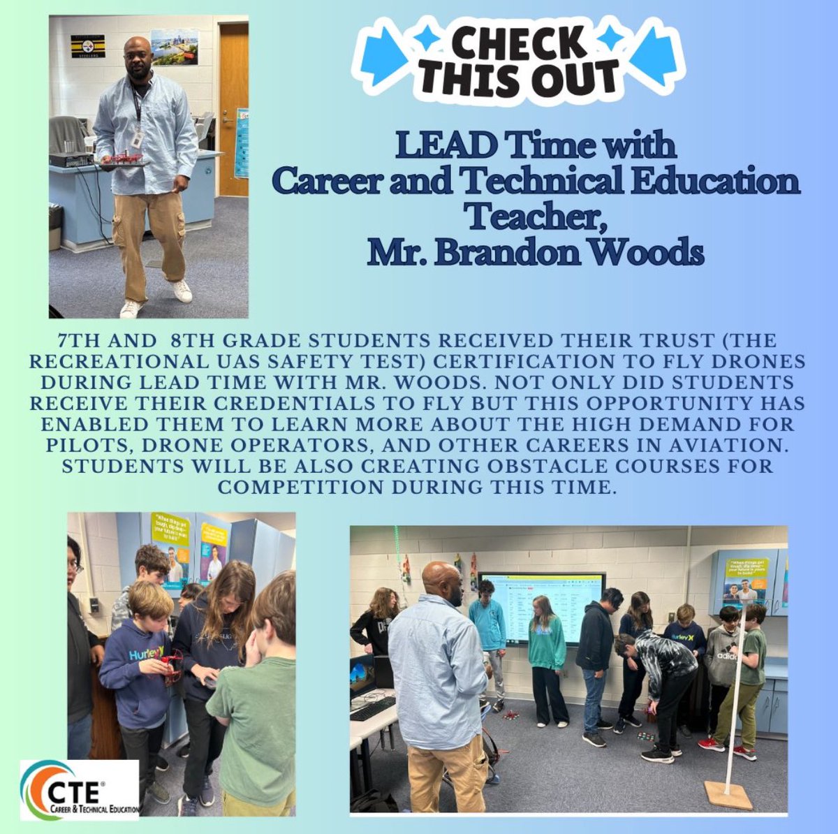 ashley_basnight's tweet photo. CTE Teacher SpotlightโฆMr. Brandon Woodsโญ๏ธ#keyboarding #Coding Awesome opportunity for @FfmsSeahawks students during LEAD time!
#dronetime #TakeFlight #CTEforNC https://t.co/B7UinIWpSH