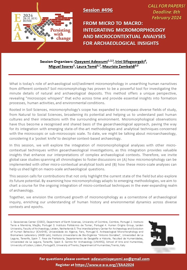 RemiseiroSoares's tweet photo. Come! Join us for #SESSION496 at the forthcoming #EAA2024. If you work in microarchaeology or micromorphology, this is a great opportunity to showcase your work.

Remember, the deadline is February 8th. Don't miss out!
                                       👇👇👇 https://t.co/X4mUKeWBY0
