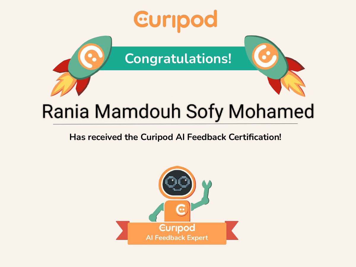 RaniaSofy2's tweet photo. I am very proud to now be a #Curipod_AI_Feedback_Expert!
Something to be proud of, thanks Curipod https://t.co/AIR85zKYcq