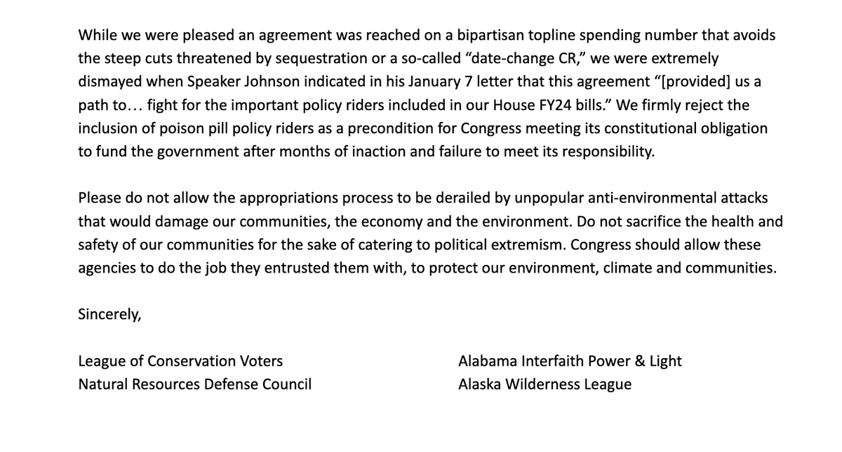 NEW: We led a letter w/<a href="/NRDC/">NRDC 🌎🏡</a> signed by 100+ organizations calling on Congress to reject anti-environmental poison pill policy riders in FY24 appropriations bills.

Congress must not sacrifice the health and safety of our communities to cater to political extremism. #NoPoisonPills