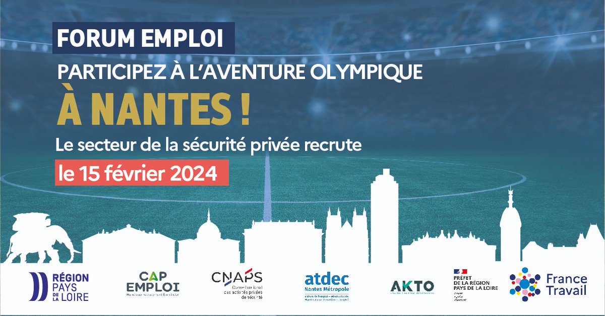 #Recrutement | ⚽️<a href="/FranceTravail/">France Travail</a> #PaysdelaLoire et le réseau pour l’#emploi, ensemble pour réussir les #JO2024 à #Nantes ! + de 100 personnes sont recherchées pour assurer la sécurité des matchs à La Beaujoire 🗓️Jobdating le 15 février 👉 mesevenementsemploi.pole-emploi.fr/mes-evenements… #AvecFranceTravail