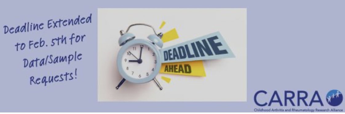 Calling early investigators and  #pedsrheum researchers interested in <a href="/carrainc/">CARRA</a> 
<a href="/ArthritisFdn/">Arthritis Foundation</a> grants- the deadline for CARRA Registry data/sample share requests has been extended to Mon Feb 5!
Data request form: carra.tfaforms.net/34 
More about grants: carragroup.org/research/grant…