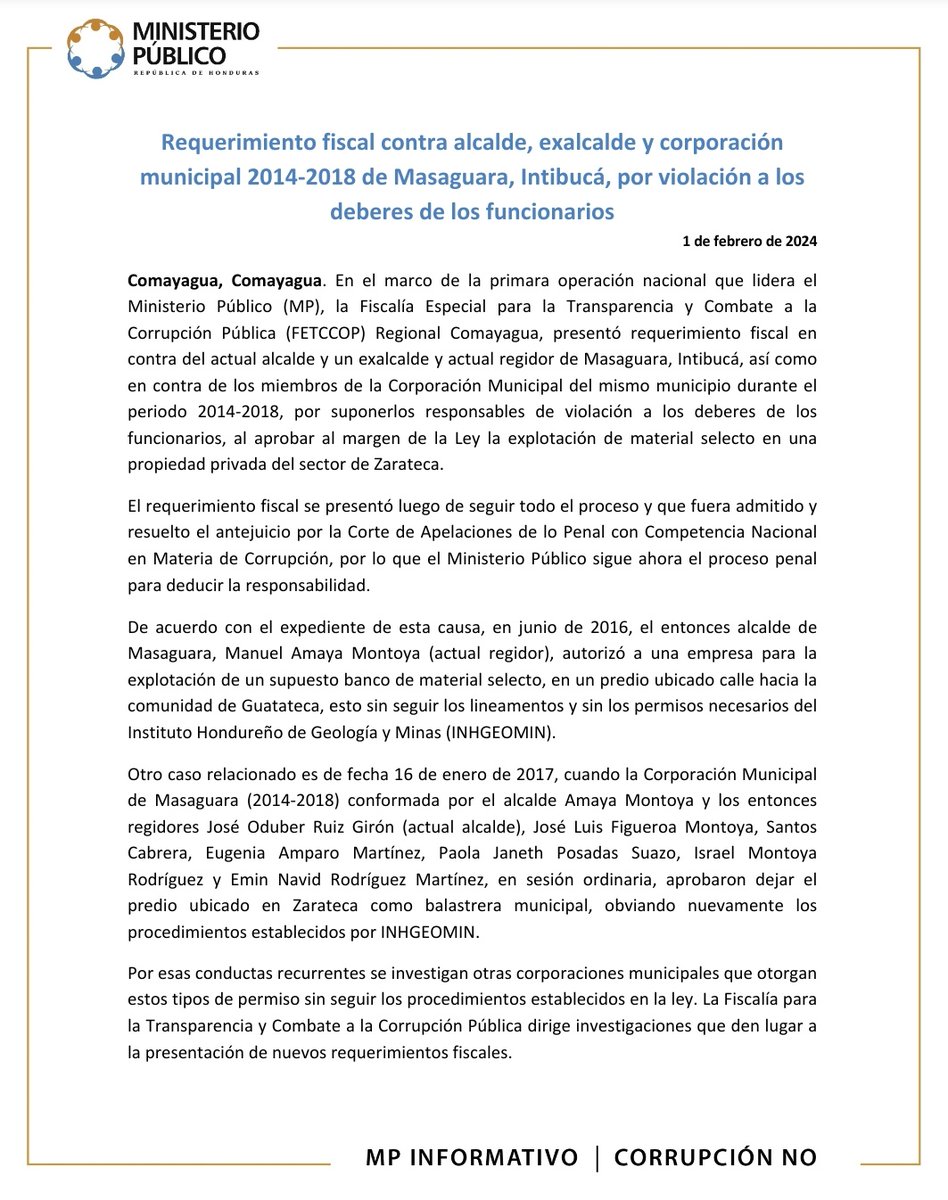 MP_Honduras's tweet photo. Requerimiento fiscal contra alcalde, exalcalde y corporación municipal 2014-2018 de Masaguara, Intibucá, por violación a los deberes de los funcionarios  https://t.co/O56lLVdA9n https://t.co/FewkZdxQcT