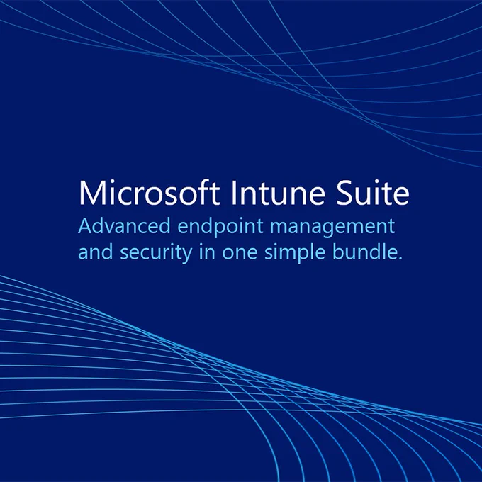 A background of thin blue line waves highlights text that reads, "The Microsoft Intune Suite provides advanced endpoint management and security in one simple bundle."