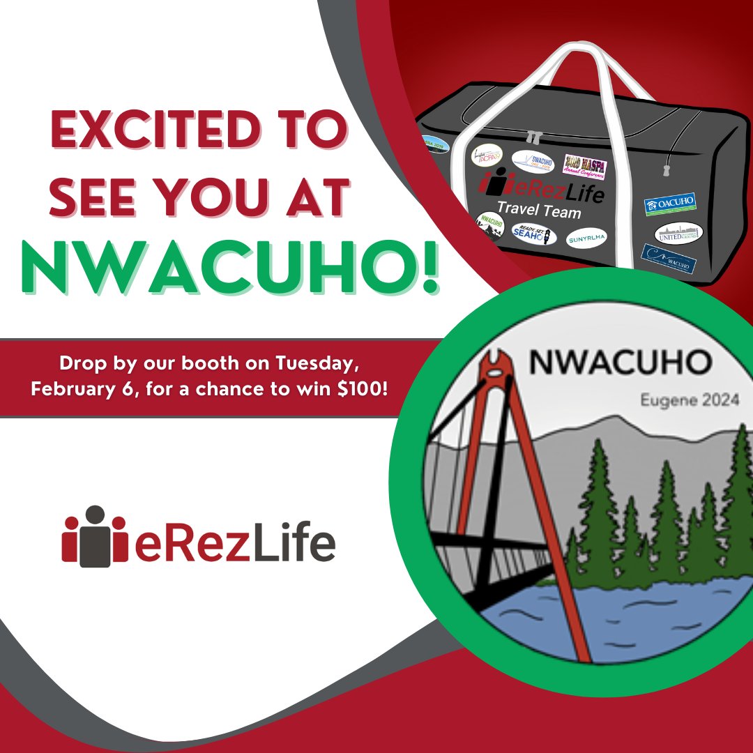 eRezLife's tweet photo. Meet us in the great city for the arts and outdoors! 🌲🎨 The eRezLife team is excited to meet you all at NWACUHO in Eugene, Oregon! Stop by our booth, drop your business card and you might just walk away from the conference $100 richer! 💰See you there! #NWACUHO24 https://t.co/d4Yy2Ni6eM