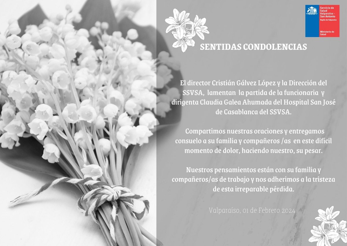 El director del <a href="/SSVSA/">SaludValpoSanAntonio</a> Cristián Gálvez López y la red del SSVSA lamentan la irreparable pérdida de la funcionaria y dirigenta Claudia Galea Ahumada.
Nuestro más sentido pésame en este momento de dolor y mucha fuerza a su familia y sus cercanos/as.