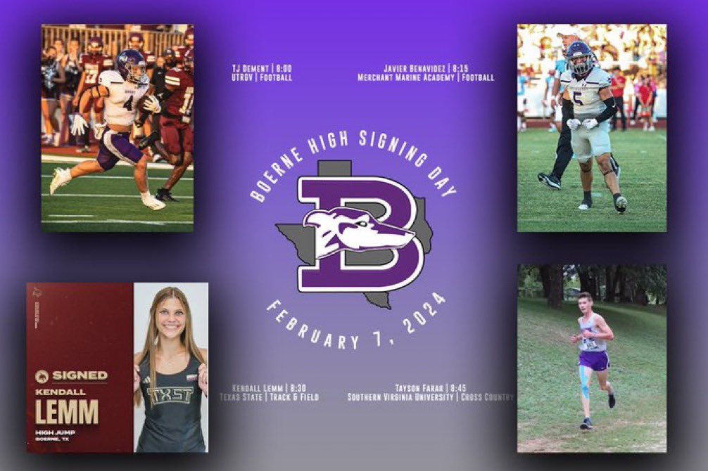 Boerne High School (@boernehs) on Twitter photo 📢SIGNING DAY‼️
🗓️Next Wednesday, February 7th
⏰8 am
📍Boerne HS Gym
✍️<a href="/TJ_DEMENT20/">TJ Dement</a>, <a href="/Javi__Benavidez/">Javi.Benavidez</a>, Kendall Lemm, & Tyson Farrar
<a href="/BoerneISD/">Boerne ISD</a> <a href="/LeechStan/">Boerne ISD Athletics</a> <a href="/gohoundsgo_gabc/">Greyhound Athletic Booster Club (GABC)</a> <a href="/RadioBoerne/">Boerne Radio Sports 103.9FM</a> <a href="/JRZowie_Ranch/">JRZowie</a> <a href="/BoerneStarSport/">Boerne Star Sports</a> <a href="/Boerne_TX/">City of Boerne</a> <a href="/HoundFootball/">Boerne Football</a> <a href="/sanantoniohss/">San Antonio High School Sports</a> <a href="/satxhsfb/">SATXHSFB</a> <a href="/VypeSATX/">VYPE San Antonio</a> 📢SIGNING DAY‼️
🗓️Next Wednesday, February 7th
⏰8 am
📍Boerne HS Gym
✍️<a href="/TJ_DEMENT20/">TJ Dement</a>, <a href="/Javi__Benavidez/">Javi.Benavidez</a>, Kendall Lemm, & Tyson Farrar
<a href="/BoerneISD/">Boerne ISD</a> <a href="/LeechStan/">Boerne ISD Athletics</a> <a href="/gohoundsgo_gabc/">Greyhound Athletic Booster Club (GABC)</a> <a href="/RadioBoerne/">Boerne Radio Sports 103.9FM</a> <a href="/JRZowie_Ranch/">JRZowie</a> <a href="/BoerneStarSport/">Boerne Star Sports</a> <a href="/Boerne_TX/">City of Boerne</a> <a href="/HoundFootball/">Boerne Football</a> <a href="/sanantoniohss/">San Antonio High School Sports</a> <a href="/satxhsfb/">SATXHSFB</a> <a href="/VypeSATX/">VYPE San Antonio</a>