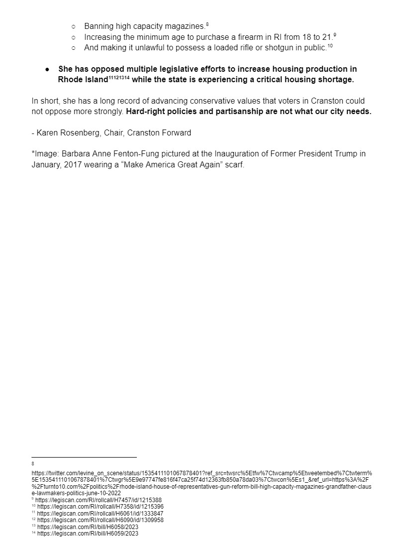 We sent this press release out on Tuesday, but did not get much coverage, so as a service to @CityCranston voters who haven’t been paying quite as close attention to what one of their State Reps have been up to, here are some highlights of @BarbaraAnnRI 's MAGA agenda.