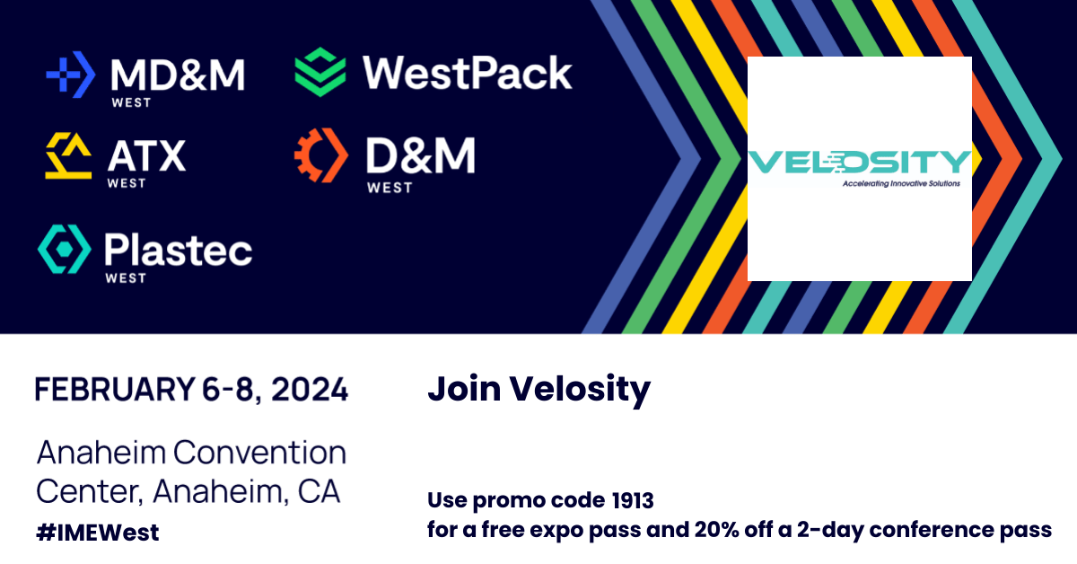 VelosityMed's tweet photo. Velosity is excited to be back at MD&amp;M West from February 6-8, 2024. Stop by booth #1913 to learn about all the innovative things happening at Velosity.

Use our promo code 1913 to register for a free expo pass or 20% off a conference pass.
 
https://t.co/54YPsGwtCL https://t.co/qb9X95FT01