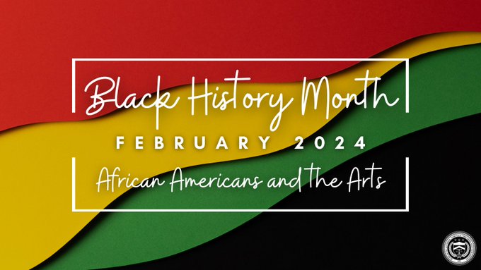 Text reads: Black History Month; February 2024; African Americans and the Arts. Stock background image shows a splash of colors: red, yellow, green and black.