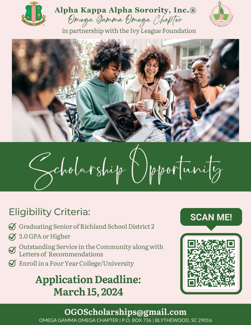 The Omega Gamma Omega Chapter of Alpha Kappa Alpha Sorority, Inc., in partnership with the Ivy League Foundation, is proud to announce our 2024 Scholarship Opportunity for Richland 2 students in Blythewood &amp; NE Communities of Columbia, SC!
#AKA1908 #AKAOGO #SoaringwithAKA