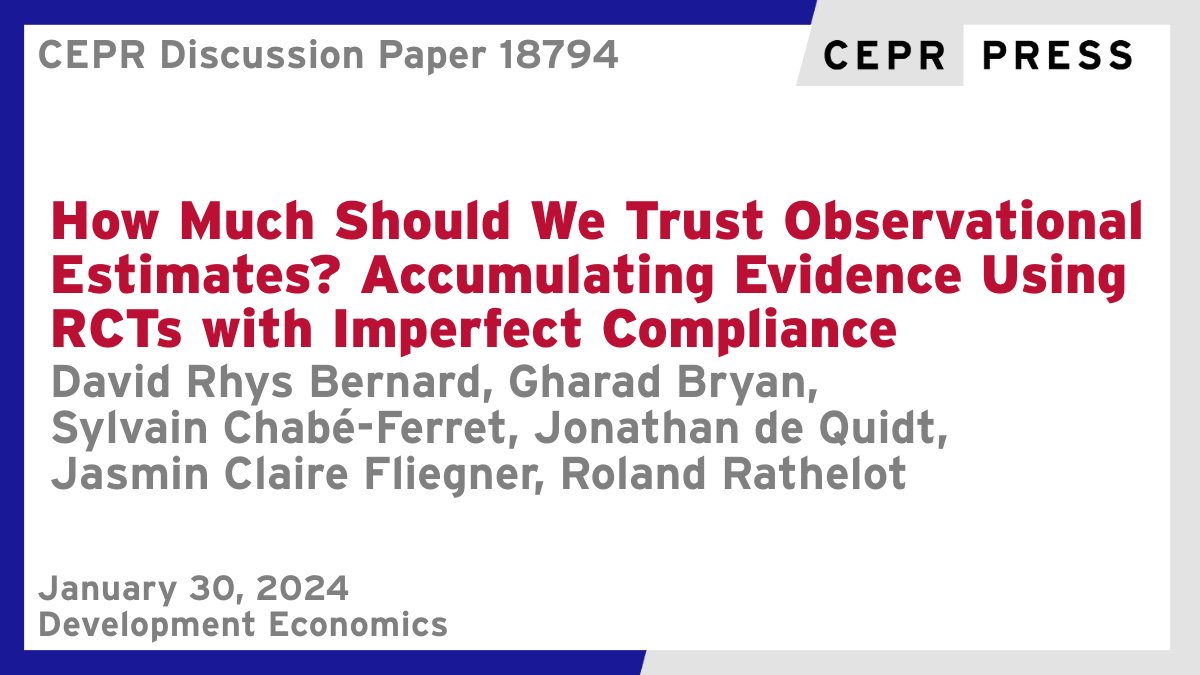 CEPR (@cepr_org) on Twitter photo New CEPR DP18794
How Much Should We Trust Observational Estimates?
<a href="/DavidRhysBern/">David Bernard</a> <a href="/PSEinfo/">Paris School of Economics</a>, <a href="/gharadbryan/">Gharad Bryan</a> <a href="/LSEnews/">LSE</a>, <a href="/SylvainCF/">Sylvain Chabé-Ferret</a> <a href="/TSEinfo/">TSE</a>, <a href="/jondequidt/">Jon de Quidt</a> <a href="/QMUL/">Queen Mary University of London</a> <a href="/IIES_Sthlm/">Institute for International Economic Studies</a>, J. C. Fliegner <a href="/OfficialUoM/">The University of Manchester</a>, <a href="/rolandrathelot/">Roland Rathelot</a> <a href="/ENSAEparis/">ENSAE Paris</a>
ow.ly/epoa50QwIea
#CEPR_DE #economics New CEPR DP18794
How Much Should We Trust Observational Estimates?
<a href="/DavidRhysBern/">David Bernard</a> <a href="/PSEinfo/">Paris School of Economics</a>, <a href="/gharadbryan/">Gharad Bryan</a> <a href="/LSEnews/">LSE</a>, <a href="/SylvainCF/">Sylvain Chabé-Ferret</a> <a href="/TSEinfo/">TSE</a>, <a href="/jondequidt/">Jon de Quidt</a> <a href="/QMUL/">Queen Mary University of London</a> <a href="/IIES_Sthlm/">Institute for International Economic Studies</a>, J. C. Fliegner <a href="/OfficialUoM/">The University of Manchester</a>, <a href="/rolandrathelot/">Roland Rathelot</a> <a href="/ENSAEparis/">ENSAE Paris</a>
ow.ly/epoa50QwIea
#CEPR_DE #economics