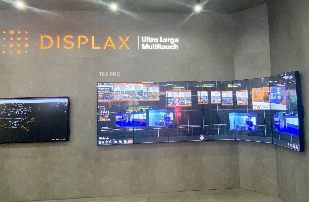 T1Vcollaborate's tweet image. The @displax booth was bumpin&apos; today at @ISE_Show with TONS of visitors collaborating on the #ThinkHub Canvas shown on the Tile Pro curved interactive wall. Perfect for #experiencecenters, #commandandcontrol rooms, #exectivebriefing spaces, and more! 🌟 #ise2024 #avtweeps #tech