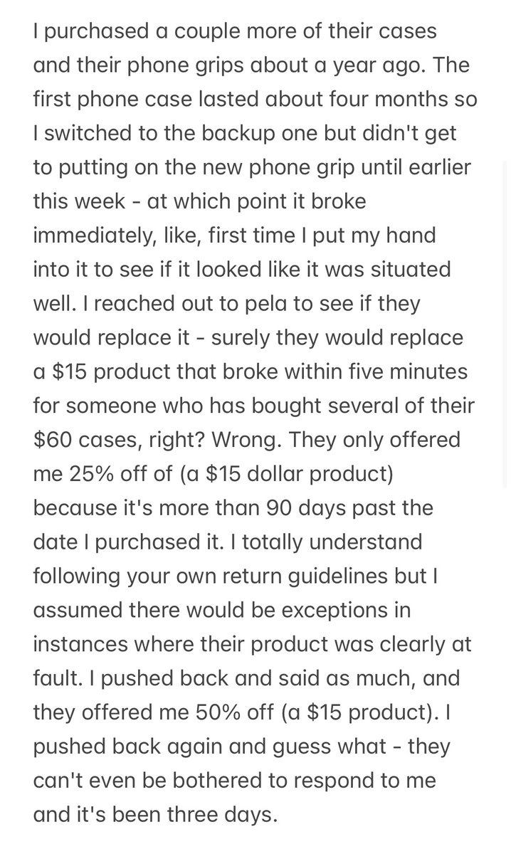 AmandaWhispell's tweet photo. Why you shouldn't buy a @PelaCase . I've been buyings their biodegradable cases for the last few years. They are very $ but they lure you to purchase multiple items to get a discount - they don't tell you that extras aren't likely to be covered by their "100% happiness guarantee" https://t.co/kmptloa5V4
