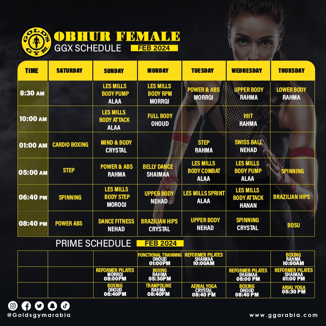GoldsGymArabia's tweet image. تعرّفي على جدول حافل بالحصص الجماعية لشهر فبراير بفروع نادي جولدز جيم ولا تفوّتيها.

ولمزيد من المعلومات لا تترددوا في مراسلتنا عبر الرسائل الخاصة 📩

#workout #yoga #grouptraining #lesmills