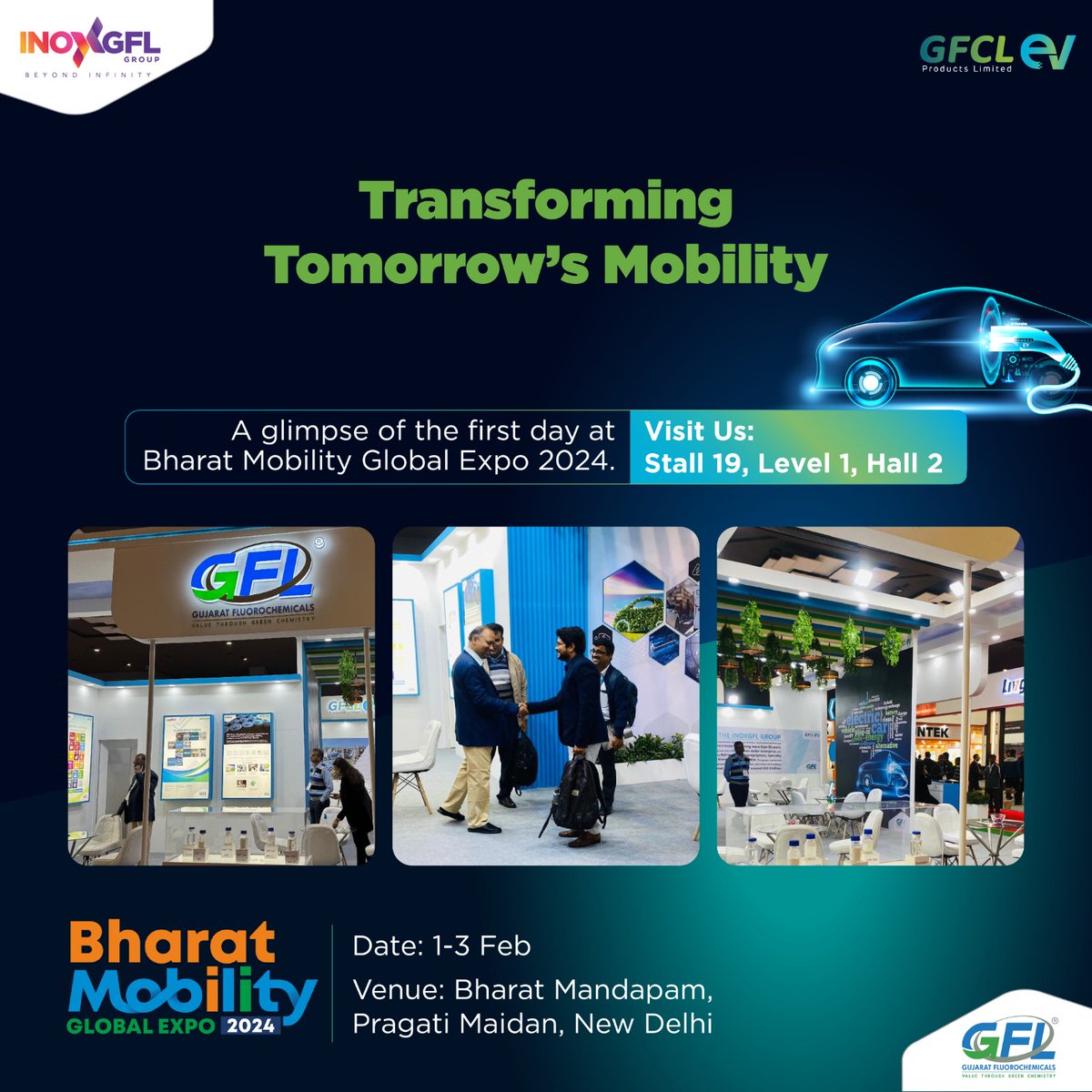 fluorochemicals's tweet photo. Here's to a successful first day at the Bharat Mobility Global Expo! We look forward to two more days of knowledge sharing and discussions! 
#Bharatmobility2024 #Smarttransportation #Sustainablemobility
#Electricvehicles #Electromobility #gfl #gfclev #inoxgfl https://t.co/BtOTYnrRe2