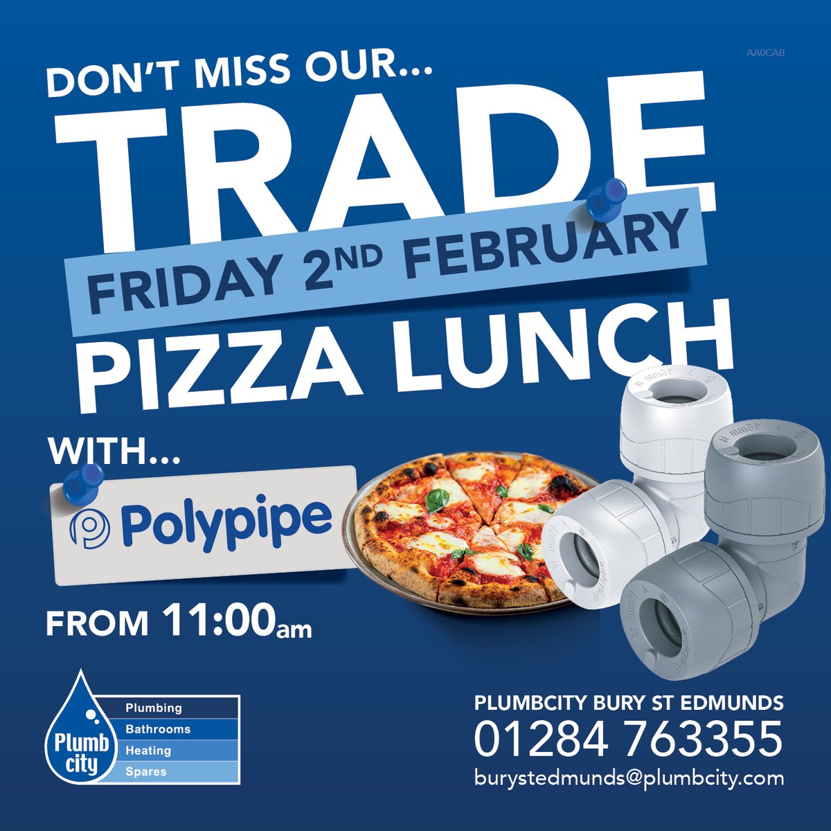 Plumbcity's tweet photo. Don't miss @Plumbcity Bury St Edmunds  Trade 🍕Pizza 🍕Lunch with @Polypipe on Friday 2nd February from 11am. Great opportunity to speak to the team and grab some lunch.  😊

#plumbers #plumbersmerchant https://t.co/DYhrXkyjeV
