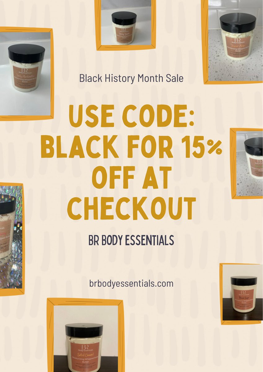 We are having our Black History Month sale for the entire month! 15% off when you use the code 'BLACK' at checkout! #BRBodyEssentials #BlackHistoryMonth #BlackHistory #supportbalckbusiness #BuyBlack #WhippedBodyButter #BodyButter #Like #Follow #Support
