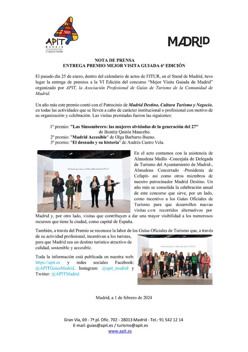 APITMadrid (@apitmadrid) on Twitter photo El pasado viernes día 25 tuvo lugar la ceremonia de premios de la 𝟔ª 𝐄𝐝𝐢𝐜𝐢𝐨́𝐧 𝐝𝐞𝐥 𝐜𝐨𝐧𝐜𝐮𝐫𝐬𝐨 𝐚 𝐥𝐚 𝐌𝐞𝐣𝐨𝐫 𝐕𝐢𝐬𝐢𝐭𝐚 𝐆𝐮𝐢𝐚𝐝𝐚 𝐝𝐞 𝐌𝐚𝐝𝐫𝐢𝐝, en el stand de Madrid durante la 2ª jornada de <a href="/fitur_madrid/">FITUR</a> <a href="/MadridDestino/">Madrid Destino</a> <a href="/MADRID/">Ayuntamiento Madrid</a> <a href="/Almudena_Maillo/">Almudena</a> El pasado viernes día 25 tuvo lugar la ceremonia de premios de la 𝟔ª 𝐄𝐝𝐢𝐜𝐢𝐨́𝐧 𝐝𝐞𝐥 𝐜𝐨𝐧𝐜𝐮𝐫𝐬𝐨 𝐚 𝐥𝐚 𝐌𝐞𝐣𝐨𝐫 𝐕𝐢𝐬𝐢𝐭𝐚 𝐆𝐮𝐢𝐚𝐝𝐚 𝐝𝐞 𝐌𝐚𝐝𝐫𝐢𝐝, en el stand de Madrid durante la 2ª jornada de <a href="/fitur_madrid/">FITUR</a> <a href="/MadridDestino/">Madrid Destino</a> <a href="/MADRID/">Ayuntamiento Madrid</a> <a href="/Almudena_Maillo/">Almudena</a>