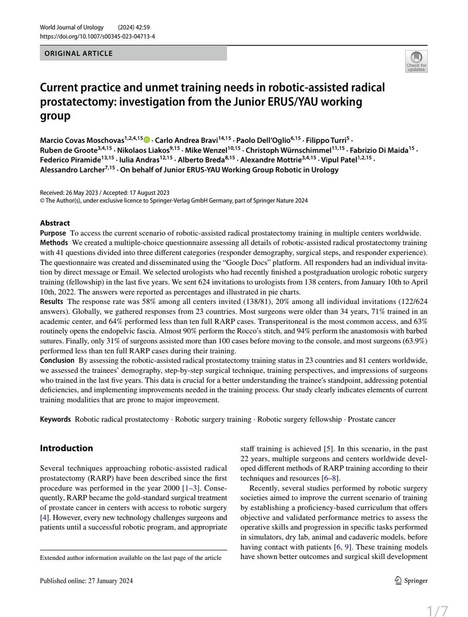🚨Do you teach robotic surgery to Fellows and Residents??? Check it out!🚨

📚This ia our recent study Investigating robotic-assisted radical prostatectomy training worldwide. #roboticsurgery 

link.springer.com/article/10.100…