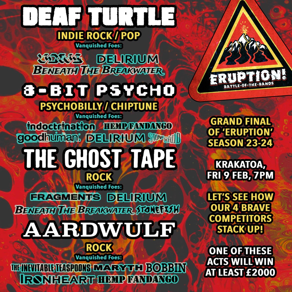 VolcanicTiki's tweet photo. #ERUPTIONBOTB #ABERDEEN #KRAKATOA
#DEAFTURTLE
#8BITPSYCHO
#THEGHOSTTAPE
#AARDWULF
#Eruption #BOTB #NeonLounge #FudgeAberdeen #VolcanicTiki #SeenInTheDeen #Live #Music #Bands #Gig #IndependentVenue #WorkerOwned #CIC #HarbourLife #AsYourMindWanders #Cocktails #DiveBar #Soon https://t.co/Q6hHQAAu5Z
