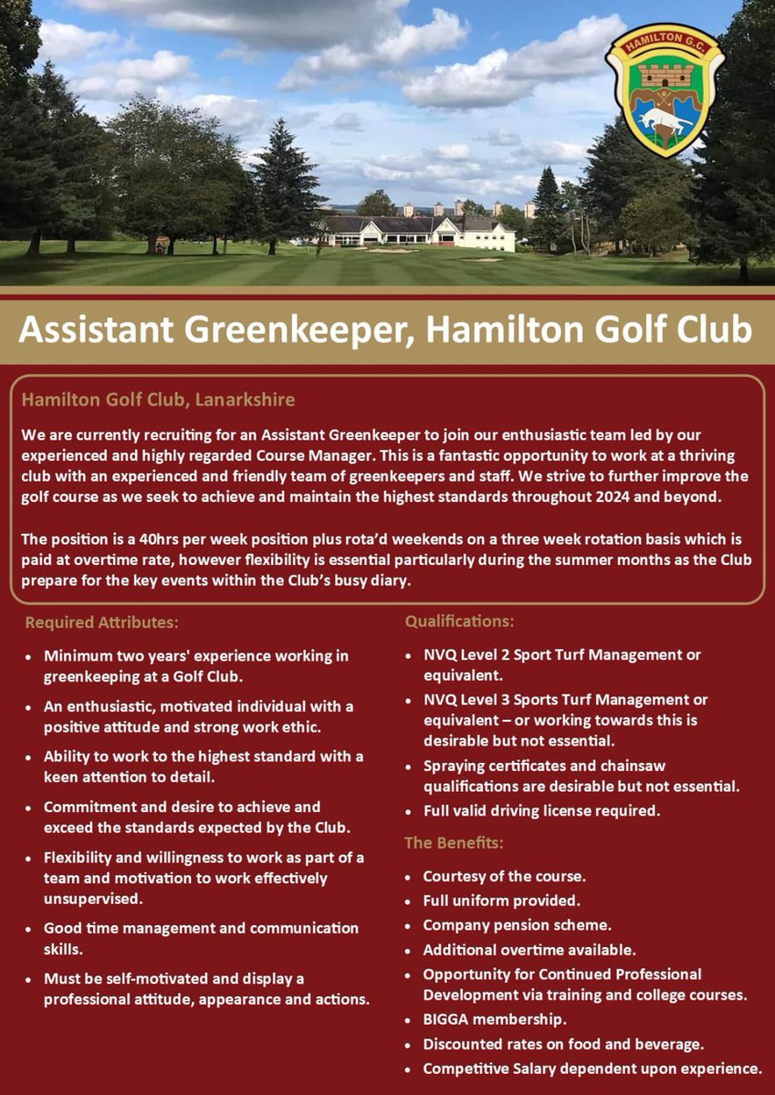 An opportunity to join our team -
Assistant Greenkeeper required
Please email your CV to 
Secretary@hamiltongolfclub.co.uk
Closing date 16th February