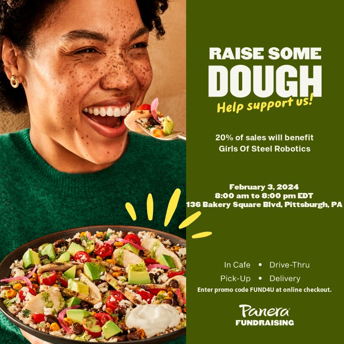 🤖 Join us at Panera this Saturday from 8am to 8 pm at Bakery Square to support our robotics team! 🥪🛠️ All you have to do is enter the promo code: FUND4U at online checkout! Your support means the world to us! 🌐

 #PaneraFundraiser #RoboticsTeam #STEMSupport #FRC #GirlsinSTEM