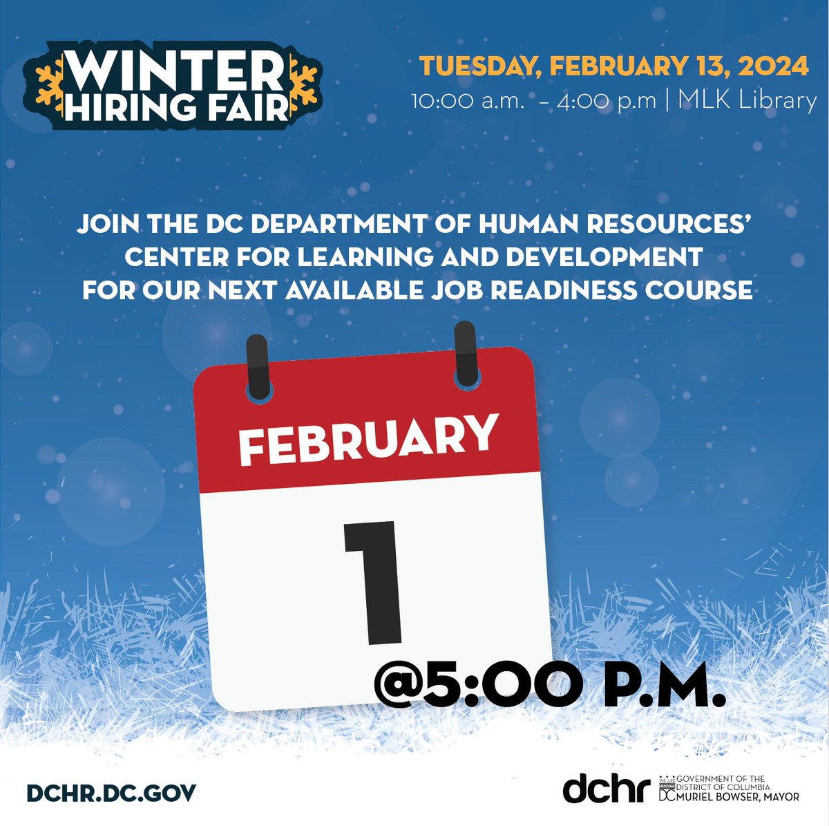 Prep yourself for the upcoming winter hiring fair. Don't miss out on today's virtual job readiness course at 5pm. Visit dchr.dc.gov/joinourteam to register for both! #DCIsHiring