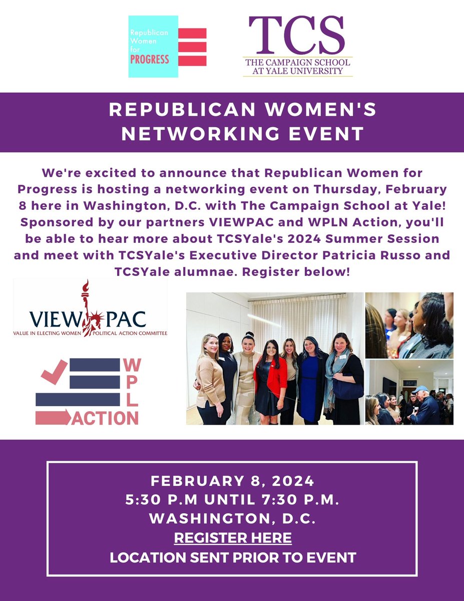 We're a week out from our networking event with <a href="/TCSYale/">The Campaign School at Yale</a>, <a href="/VIEWPAC/">VIEWPAC</a>, and <a href="/WPLNetwork/">Women's Public Leadership Network</a> Action! If you're in DC on Feb. 8, come grab a drink with us and learn more about <a href="/TCSYale/">The Campaign School at Yale</a>'s upcoming Summer Session - register here: forms.gle/FwfKLQhPqei88S…