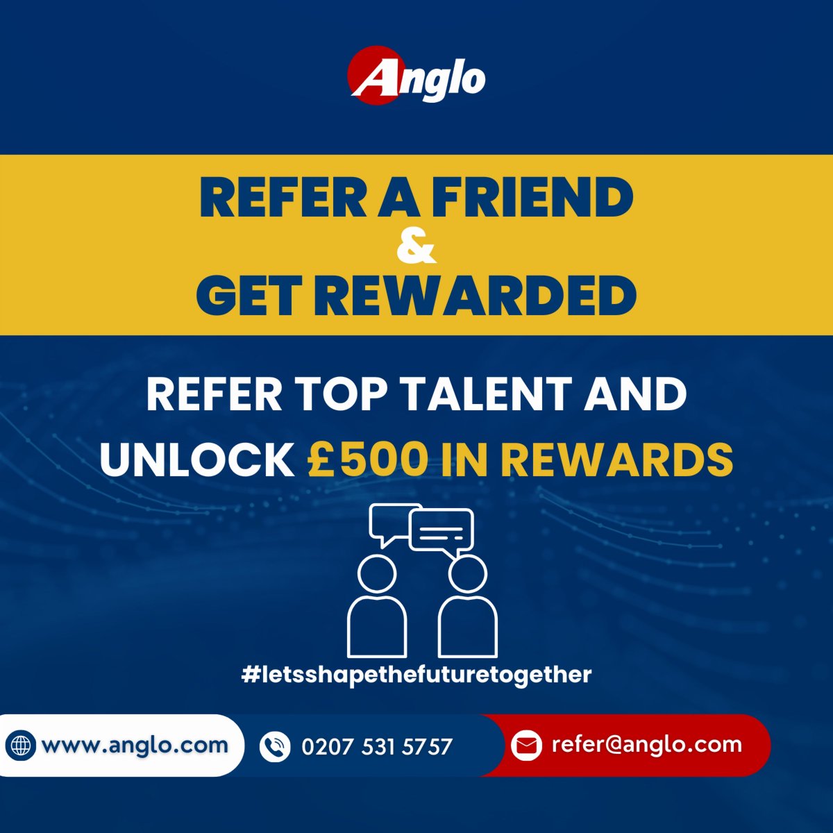 Unlock Rewards by Referring Talent 🚀

Know someone perfect for our open positions?

🌐Refer via our form, call or email, and upon their successful recruitment, receive a £500 reward.

Let's build success together!

🔗 lnkd.in/eqNbE4c8

📧 refer@anglo.com

#referralrewards