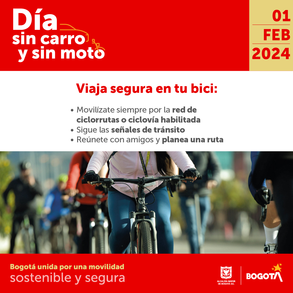 SectorMovilidad's tweet photo. 🟢Hoy jueves 1 de febrero, Bogotá vivirá una nueva jornada del #DíaSinCarro y sin moto y las mujeres podrán pedalear de forma segura por más de 630 km de ciclorrutas y más de 100 km de ciclovía que estarán habilitados para disfrutar de la ciudad. 🚴🏾‍♀️🤩 https://t.co/KxGHjx002V