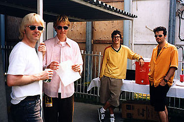 What a 90s CanCon Rock pic this is: Mike Turner and Jeremy Taggart from Our Lady Peace, Mike Trebilcock from <a href="/__TheKilljoys/">The Killjoys</a> and Jag Tanna of I Mother Earth backstage at a show in London in 1996.

<a href="/RaveDrool/">Rave & Drool: '90s 🇨🇦 Podcast</a>