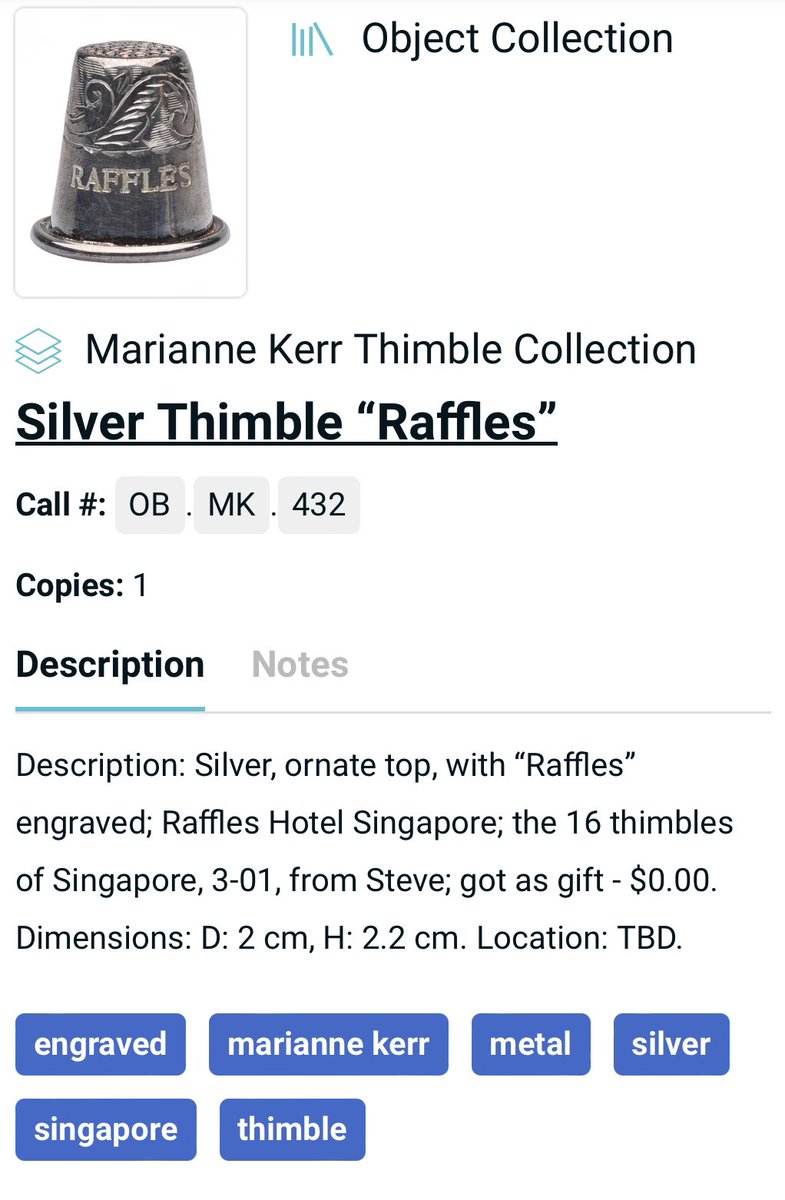 TatterBlue's tweet photo. Happy #thimblethursday ! Today’s engraved silver thimble is from the Raffles Hotel in Singapore— would you use this? Or do you think it’s just for display? https://t.co/1ZNuLUBVHd