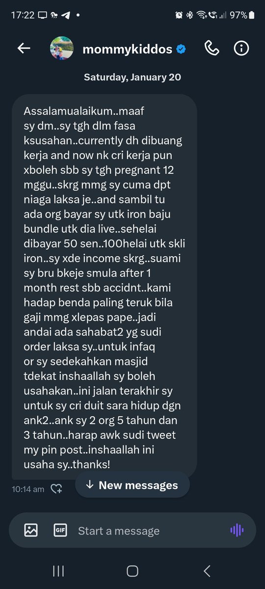 eazeyezranni's tweet photo. Aku rasa bersalah wei

Hari tu aku ada terima DM, tapi aku tak perasan sbb stuck dalam request. So hari ni baru aku perasan DM tu.

Bila baca kisah dia betul² aku rasa terpukul. Cepat² aku reply untuk bertanya khabar.

Korang boleh baca DM dia disini 👇 https://t.co/AgOnXfBf8f