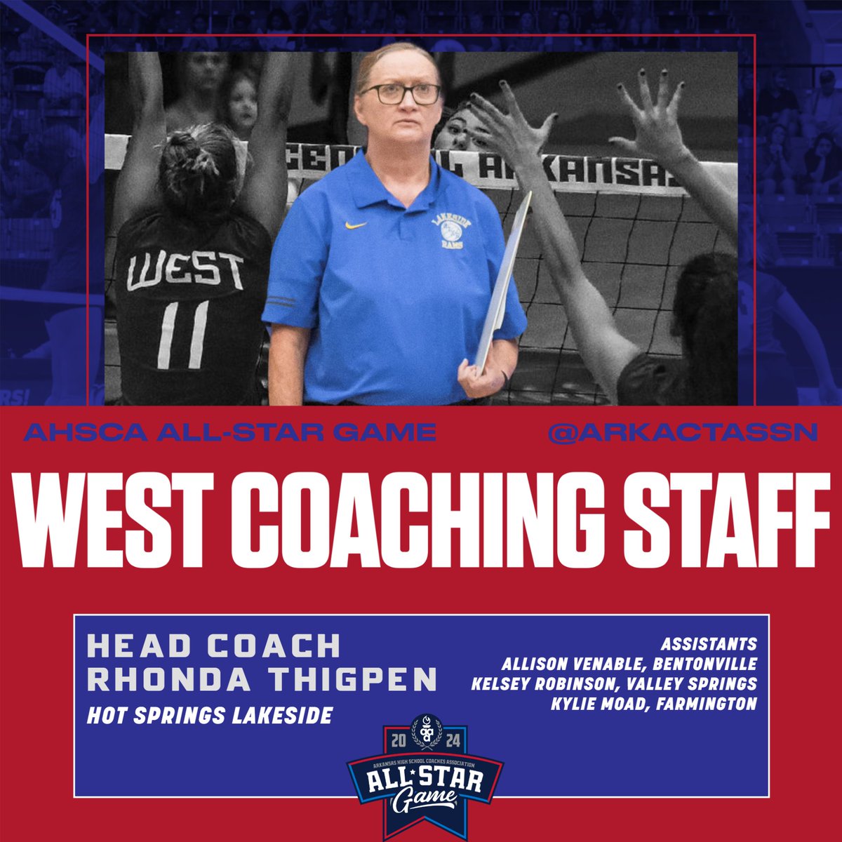 ArkActAssn's tweet photo. The 2024 AHSCA Volleyball All-Star Game may be five months away but it's never too early to know who will be leading the teams!   

Here's the coaching staff for the East &amp; West squads. Rosters will be announced tomorrow! https://t.co/dzlgrtr8o2