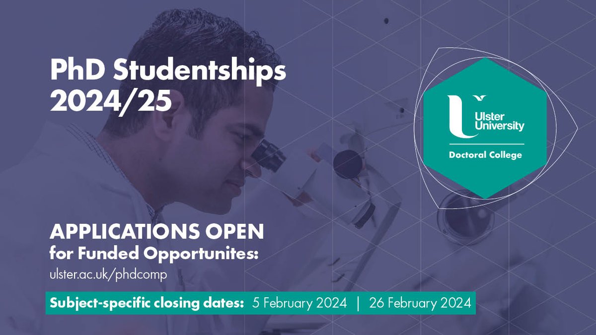 📢There's still time to enter the @UlsterUniPhD annual PhD competition! Fully funded scholarships, open to all. Applications close 5 February for Medicine, Psychology and Nursing and Health subjects. All other subjects close 26 February. 👉ulster.ac.uk/doctoralcolleg… #WeAreUU