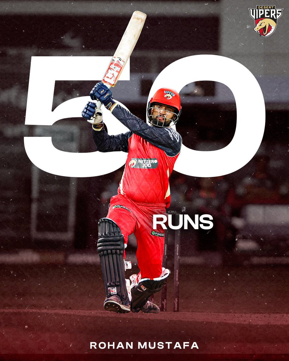 TheDesertVipers's tweet photo. First #DPWorldILT20 5๏ธโฃ0๏ธโฃ for Rohan ๐
Sorry if you all missed his innings ๐ซก
#DesertVipers #FangsOut #Season2 #DCvDV #AllInForCricket #RohanMustafa https://t.co/QlpJJrqIod