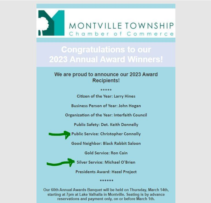 #MTHS Teacher Christopher Connelly & Former MTHS Teacher & BOE Member Michael O'Brien will receive the Public Service Award & the Silver Service award from the Montville Twp. Chamber of Commerce. Ceremony on 3/14 at 7PM at LVC. Contact Chamber for tkts: info@montvillechamber.org.