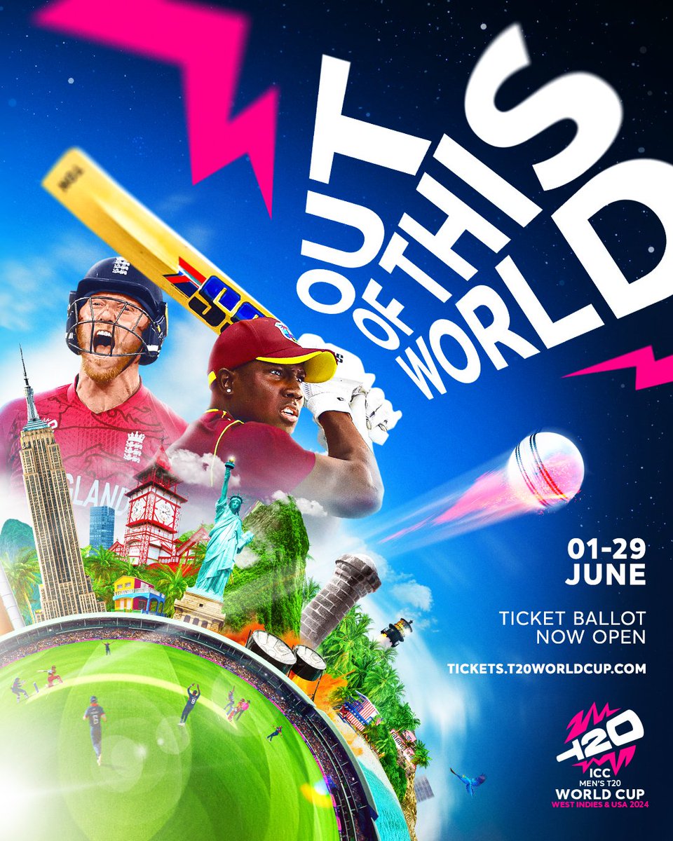 Today marks the launch of the OUT OF THIS WORLD campaign for the @ICC Men's @T20WorldCup to be held in the West Indies and USA from 1-29 June 2024. The ultimate prize in T20 which is guaranteed to be an electrifying and awe-inspiring carnival of explosive cricket 🏏 ☄ 🌴 🇺🇸