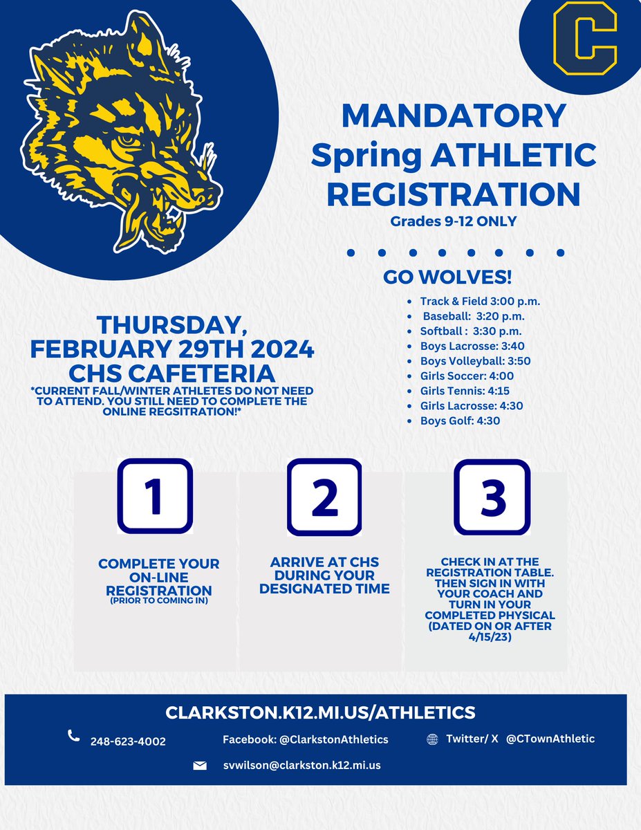 Spring Wolves: We're ready for you! Spring registration is NOW OPEN! docs.google.com/forms/d/1eo2X1… Save the date for this mandatory event on 2/29/24 as well as the Parent/Coaches Meeting on 3/18/24 Go Wolves!