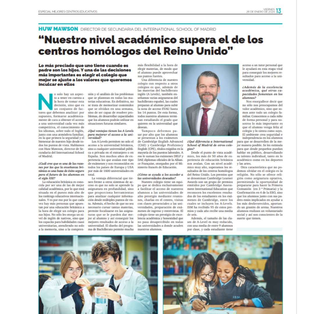 ism_madrid's tweet photo. 💙 The International School of Madrid is honoured to be featured in La Razón's special edition on Spanish schools. 
Get a closer look at the article on page 13 of the the link below!
https://t.co/VLyj9e1h5v 
#mejorescentroseducativos #BritishEducation https://t.co/0htlyfsdmN