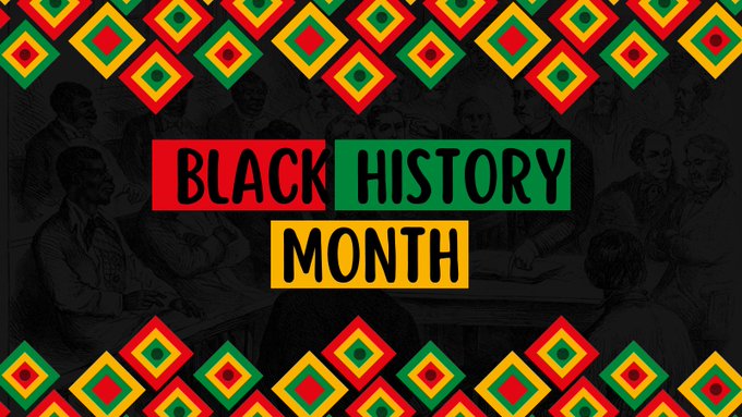 A photo with a black background and green, yellow and red symbols. In the middle, the text says “Black History Month.”