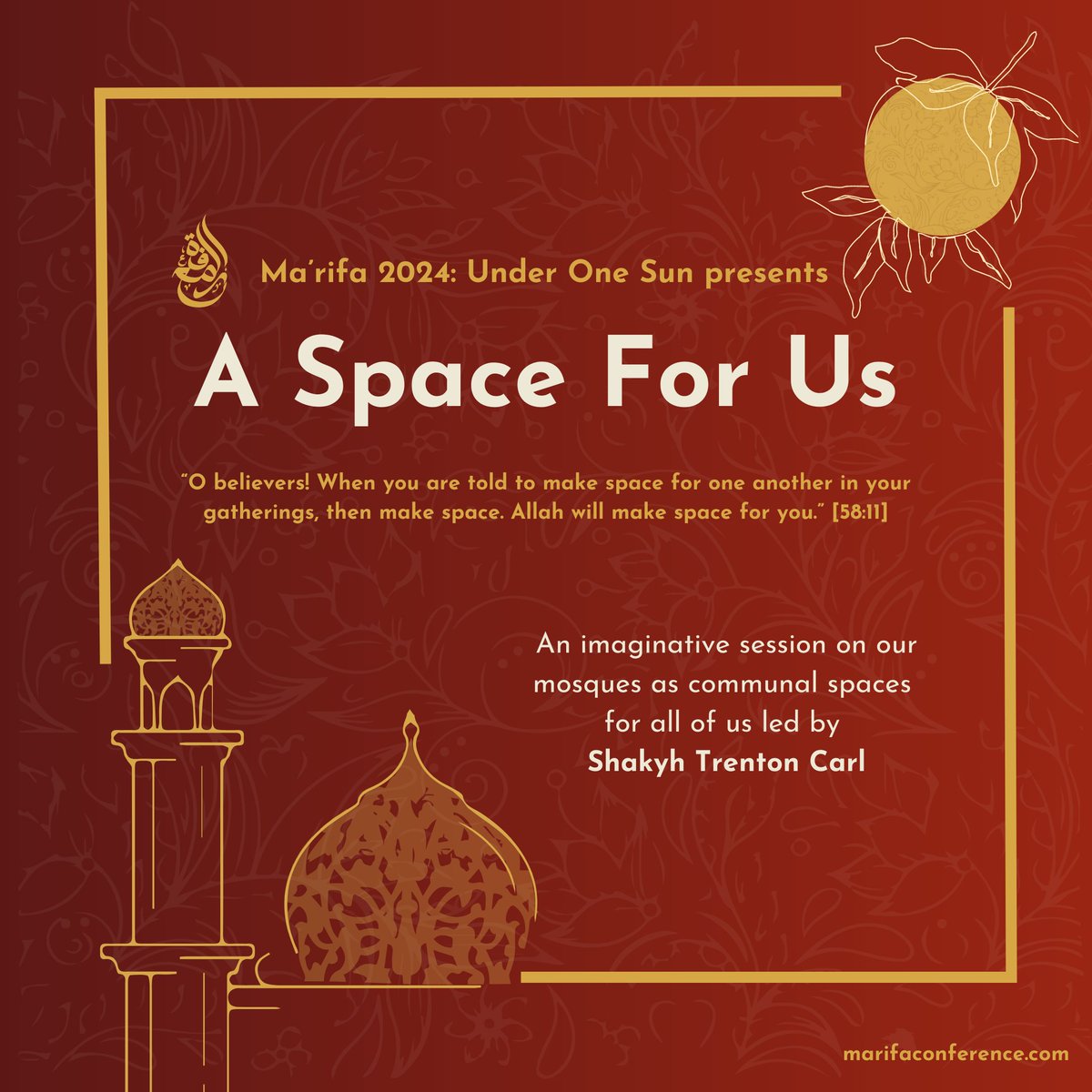 MarifaPrograms's tweet image. “O believers! When you are told to make space for one another in your gatherings, then make space. Allah will make space for you.” [58:11]

Ma’rifa 2024 workshop series: Join Shaykh Trenton Carl to discuss the role of the mosque as a holistic center of all community necessities.